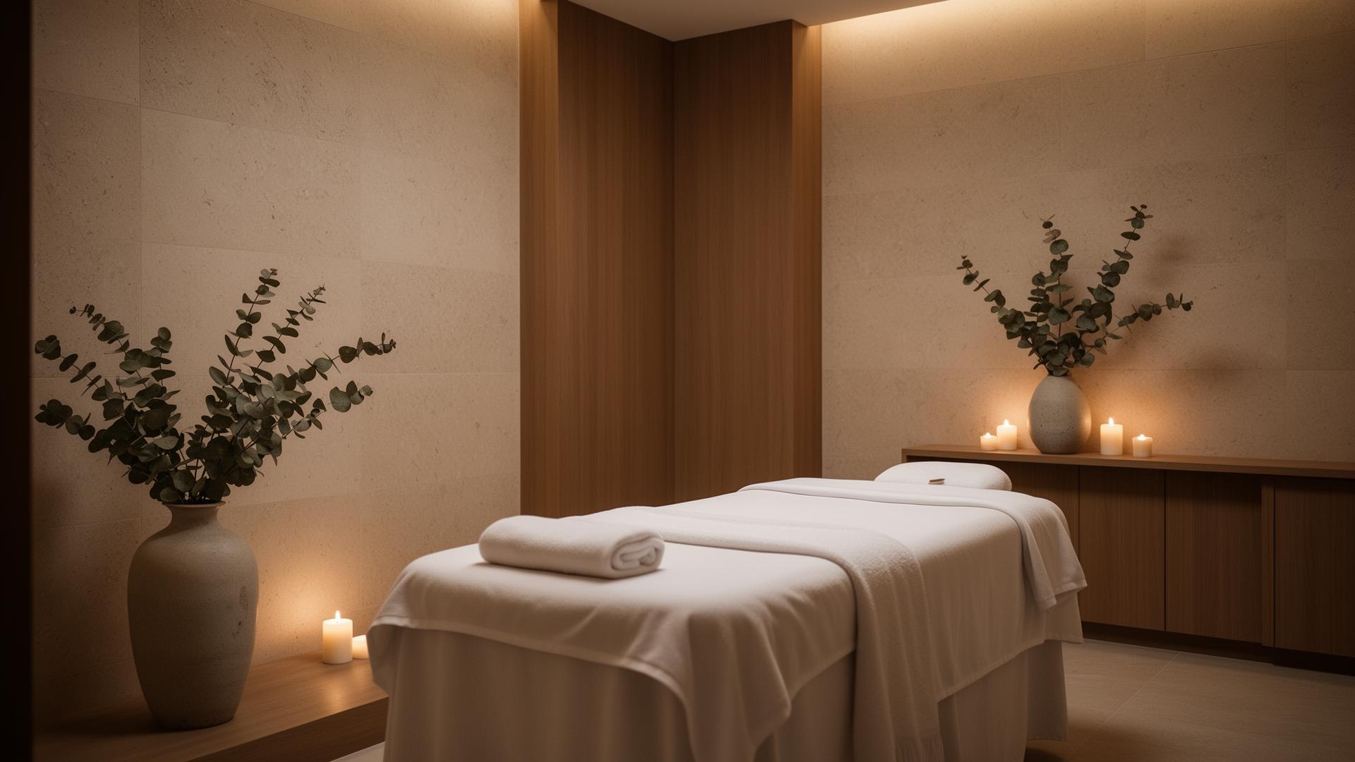 Cabine de soin haut de gamme avec ambiance tamisée et matériaux nobles